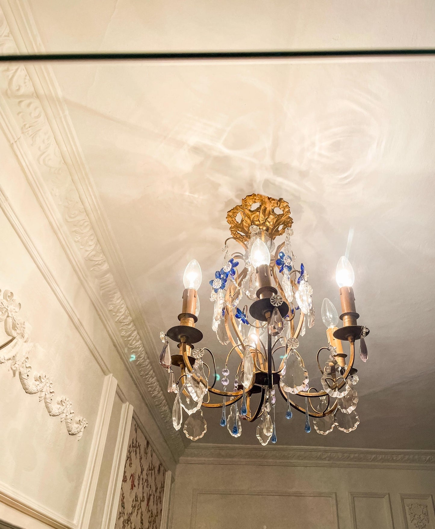 Vintage French Gilt Bronze Cage Chandelier, Blue Murano Glass, 6-Light, 1960s