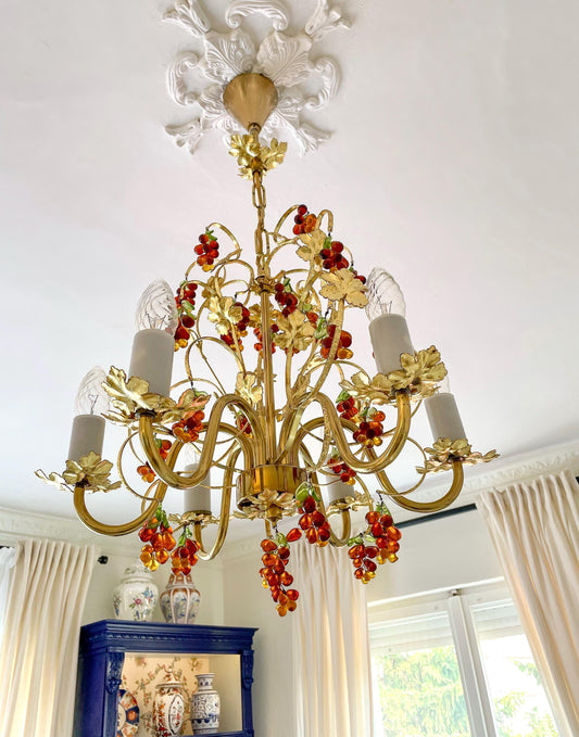 Hans Kögl 1970s Gilt Metal Wheat Sheaf & Floral Murano Glass Grapes Chandelier – Mid-Century Hollywood Regency Lighting