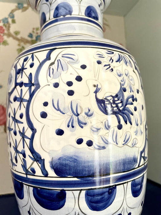 Blue & White Peacock Ceramic Vase – Hand‑Painted, 27 cm