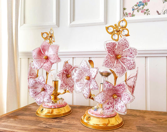 Elegant Vintage Pink Authentic Murano Glass Floral Table Lamps (1 pair) – Handblown Italian Art