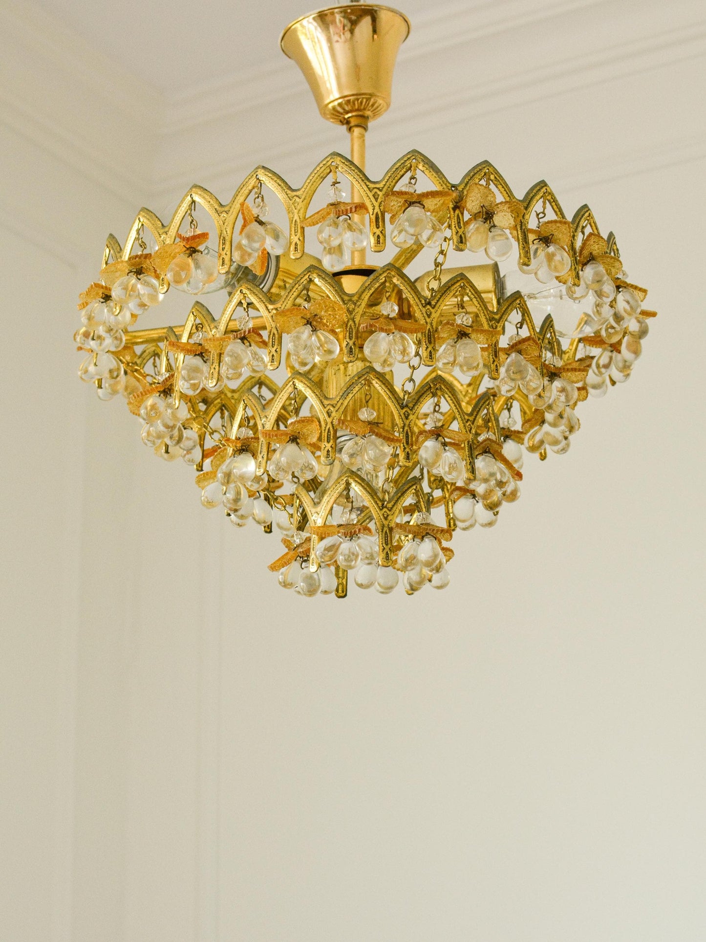 Vintage Murano Glass Fruit Chandelier, 58 Drops, Gilt Metal, 4-Light, 1970s