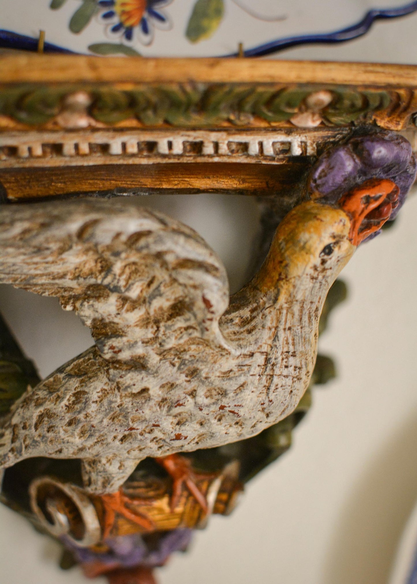 Antique Italian Carved Wood Wall Console, Dove Bracket Shelf, 19th Century
