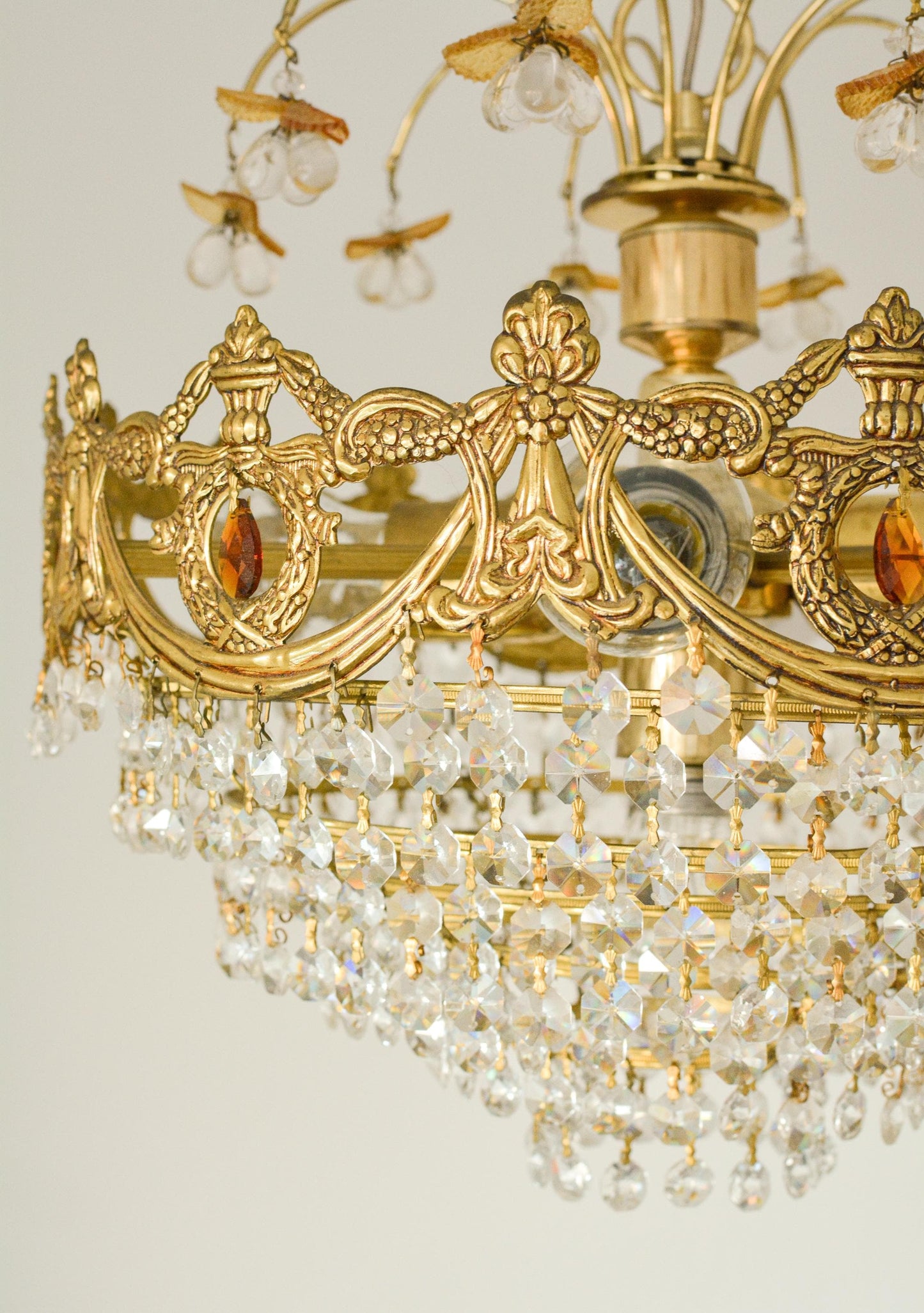 Vintage Spanish Crystal Fruit Chandelier, Orange Glass, Brass, 5-Light, 1970s