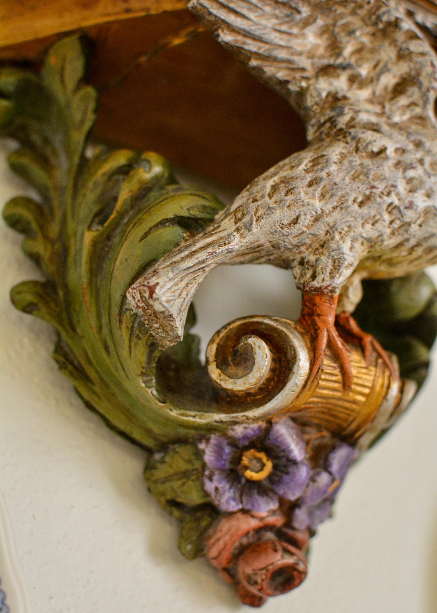 Antique Italian Carved Wood Wall Console, Dove Bracket Shelf, 19th Century