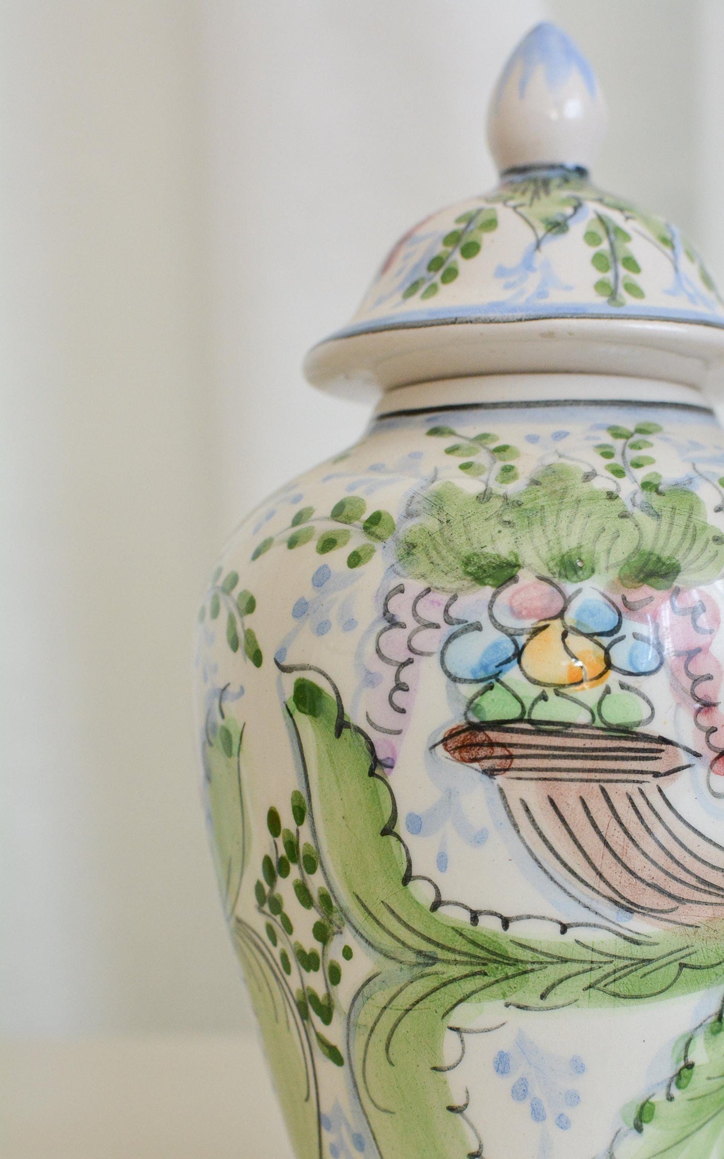 Vintage Alcobaça Floral Potiche Vase, Hand-Painted Portuguese Ceramic, 1970s