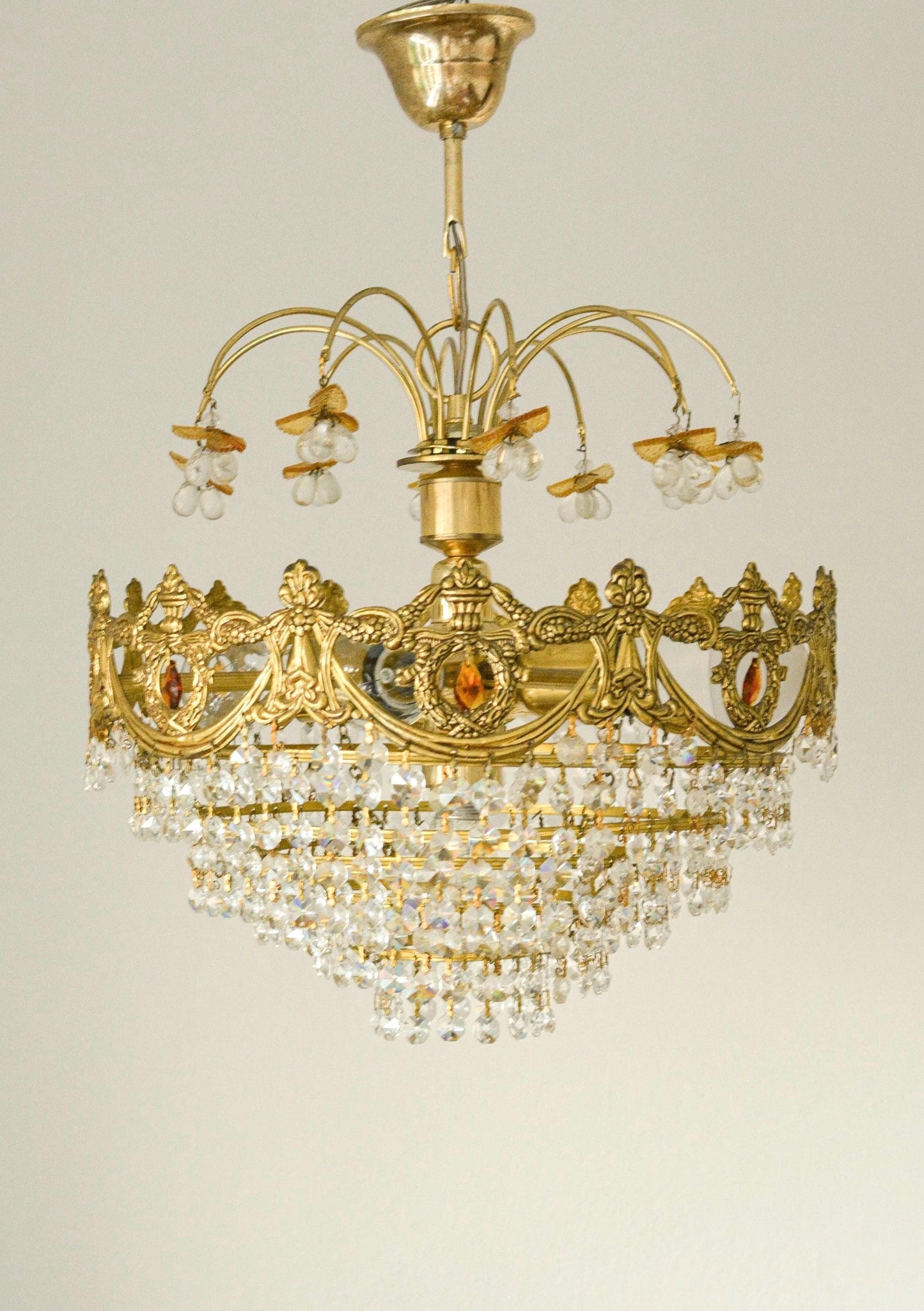 Vintage Spanish Crystal Fruit Chandelier, Orange Glass, Brass, 5-Light, 1970s
