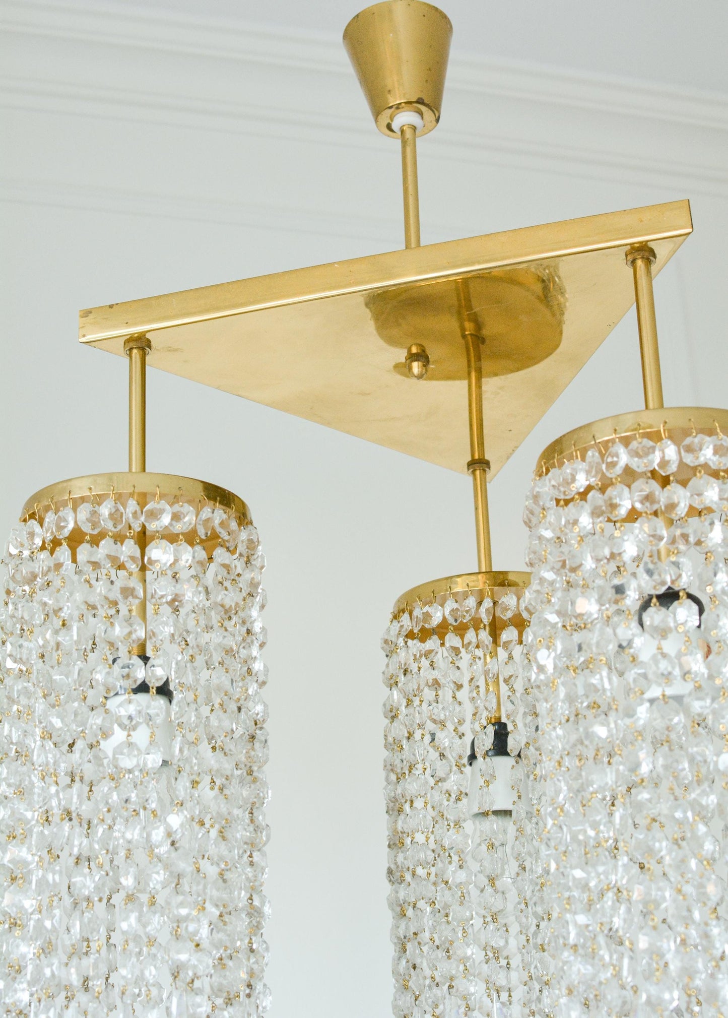 Vintage Jablonecke Sklarny Bohemian Glass Chandelier, Solid Brass, 3-Light, 1970s