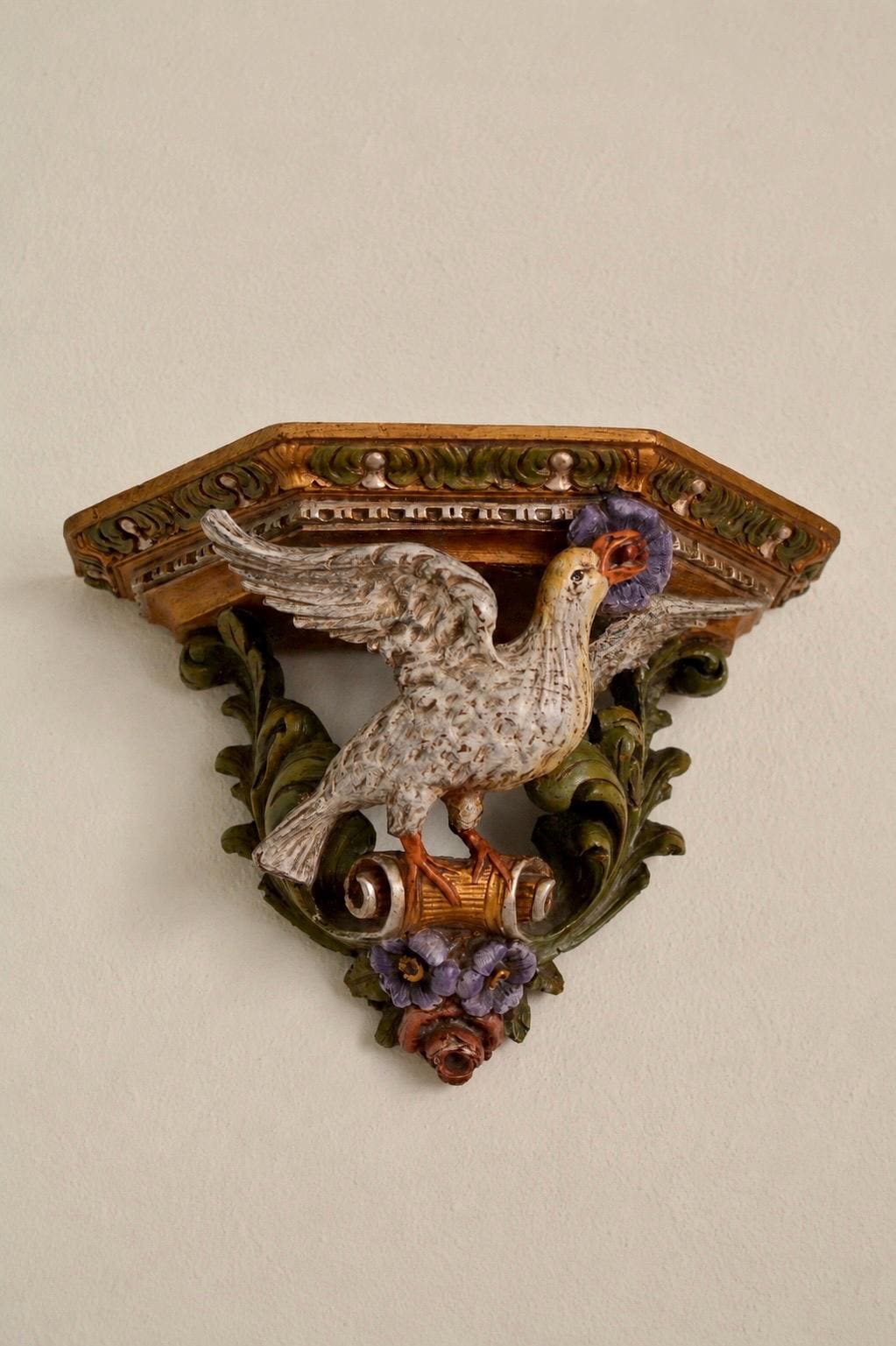 Antique Italian Carved Wood Wall Console, Dove Bracket Shelf, 19th Century