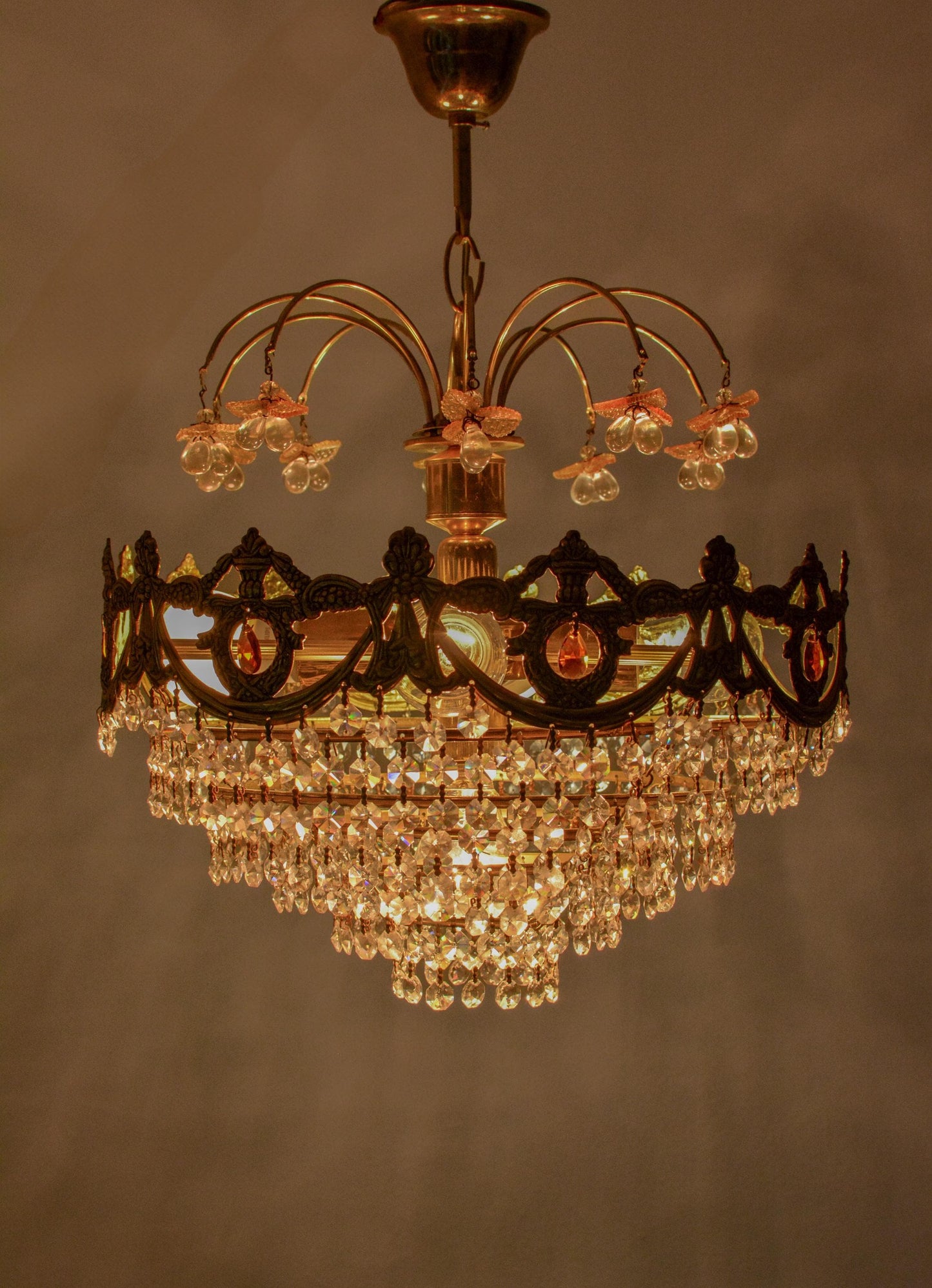 Vintage Spanish Crystal Fruit Chandelier, Orange Glass, Brass, 5-Light, 1970s