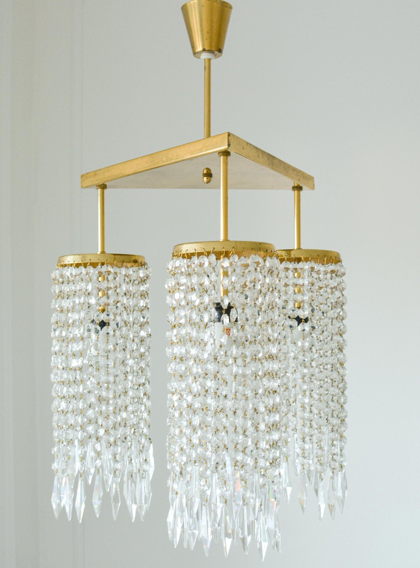Vintage Jablonecke Sklarny Bohemian Glass Chandelier, Solid Brass, 3-Light, 1970s