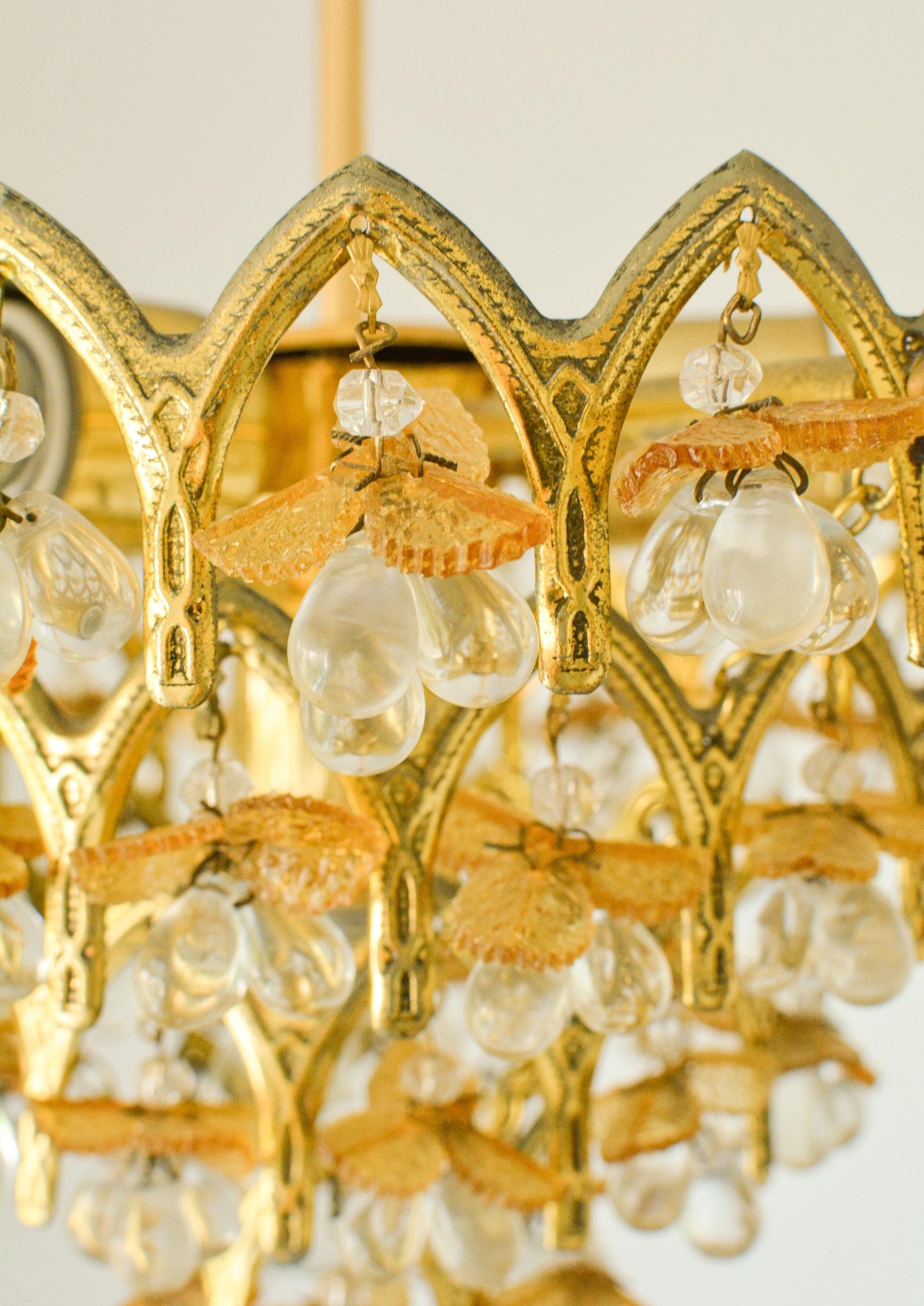 Vintage Murano Glass Fruit Chandelier, 58 Drops, Gilt Metal, 4-Light, 1970s