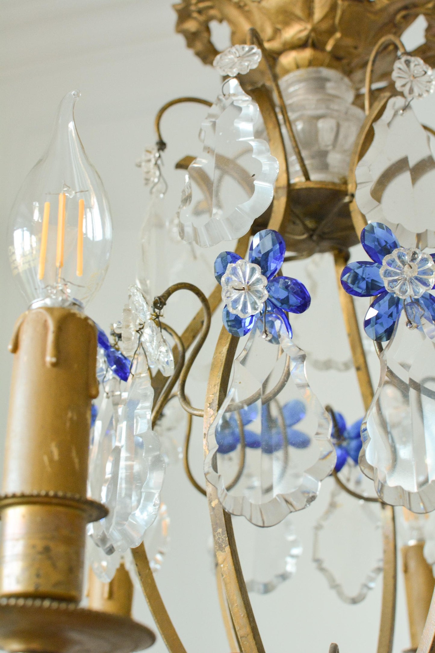 Vintage French Gilt Bronze Cage Chandelier, Blue Murano Glass, 6-Light, 1960s