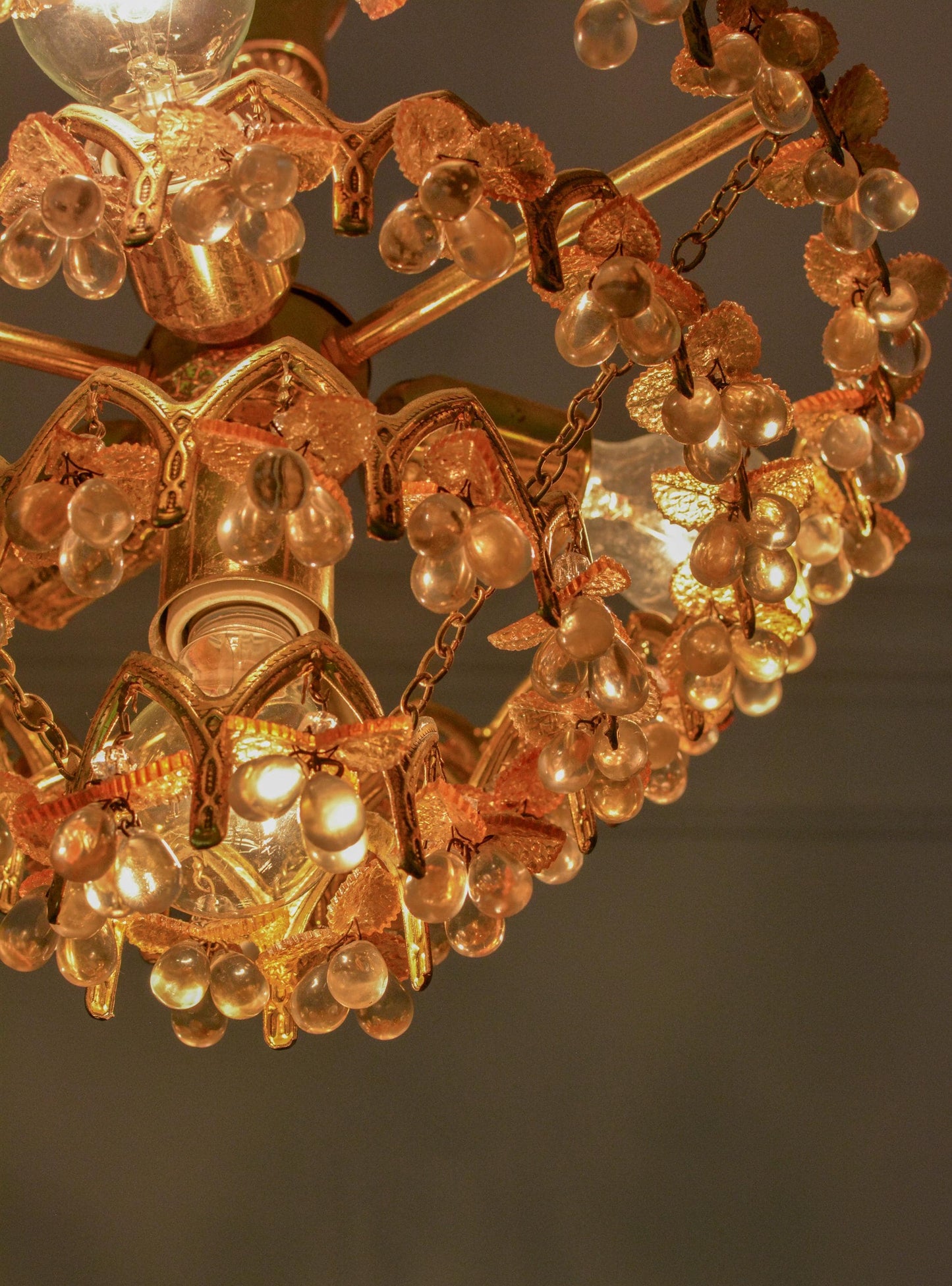 Vintage Murano Glass Fruit Chandelier, 58 Drops, Gilt Metal, 4-Light, 1970s