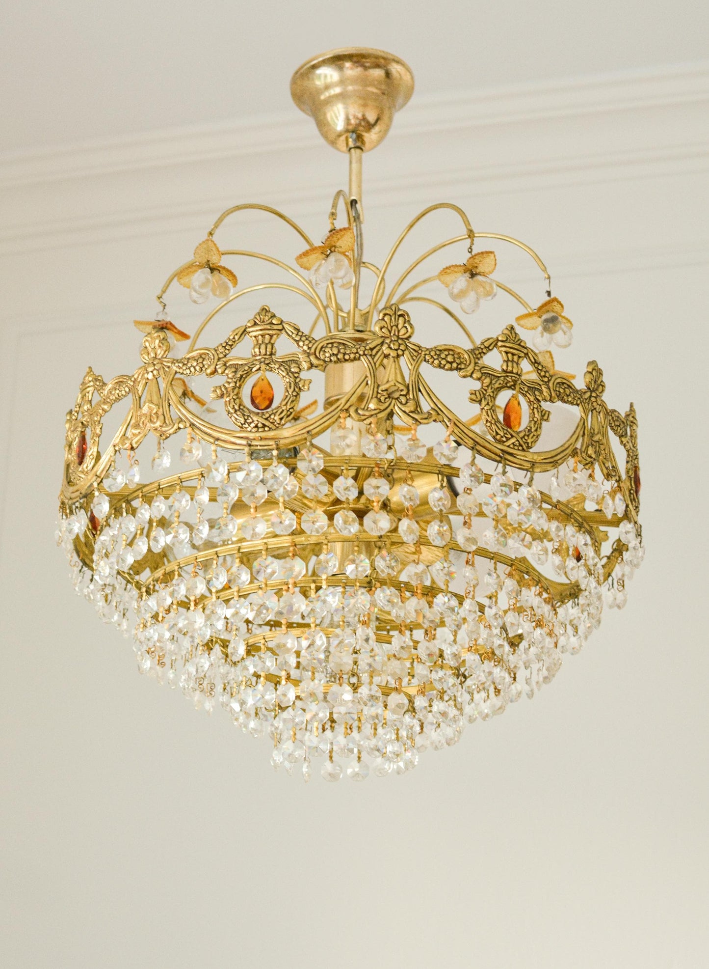 Vintage Spanish Crystal Fruit Chandelier, Orange Glass, Brass, 5-Light, 1970s