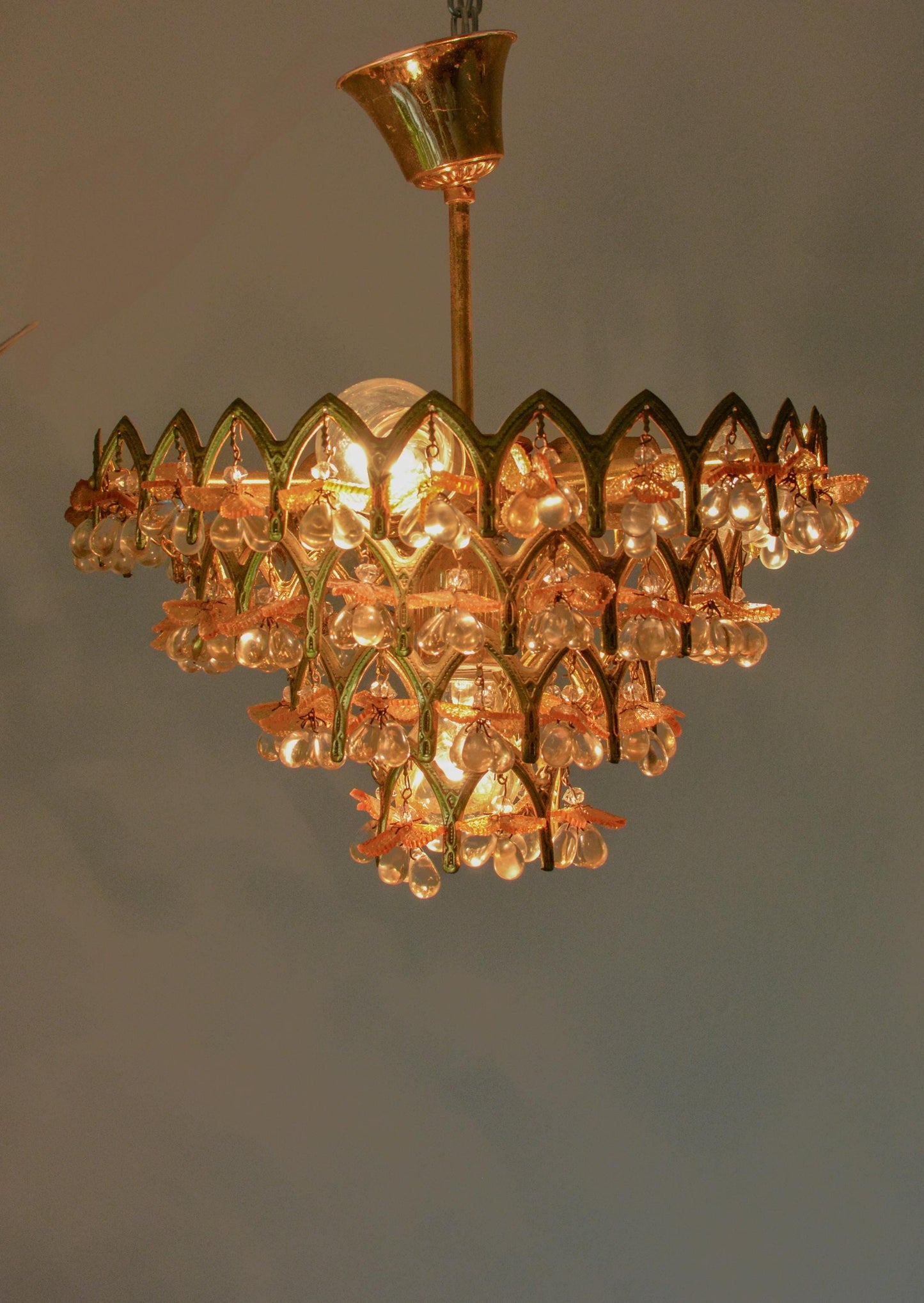 Vintage Murano Glass Fruit Chandelier, 58 Drops, Gilt Metal, 4-Light, 1970s