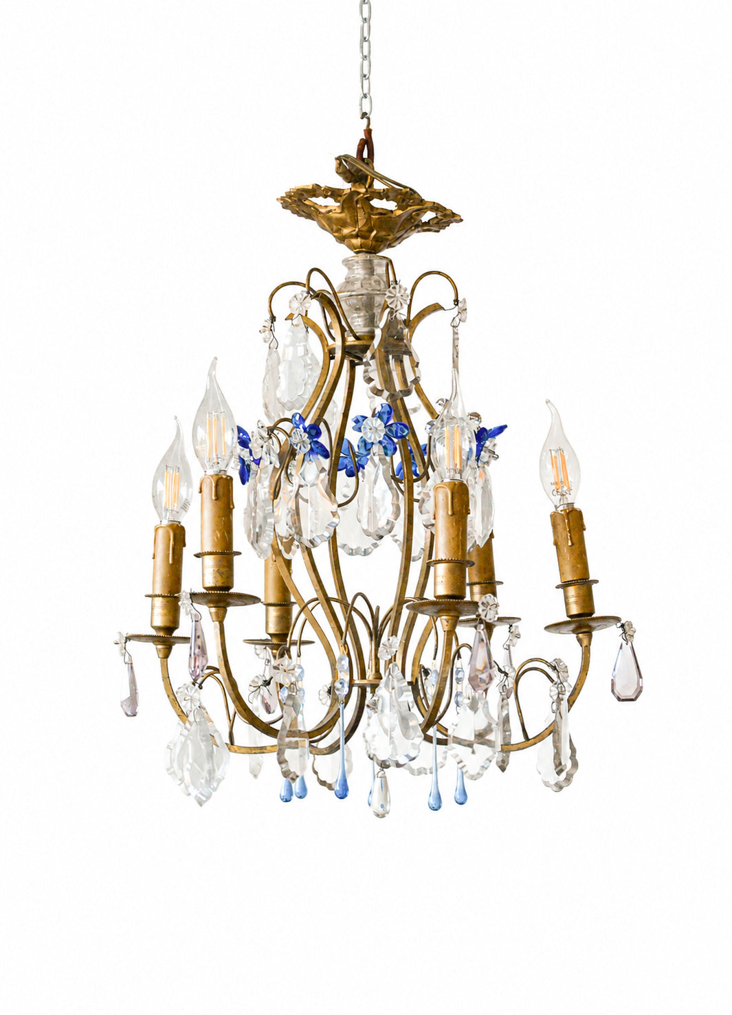 Vintage French Gilt Bronze Cage Chandelier, Blue Murano Glass, 6-Light, 1960s