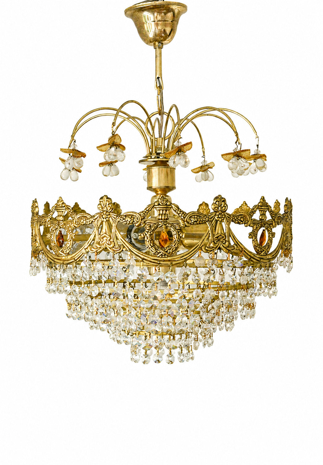 Vintage Spanish Crystal Fruit Chandelier, Orange Glass, Brass, 5-Light, 1970s