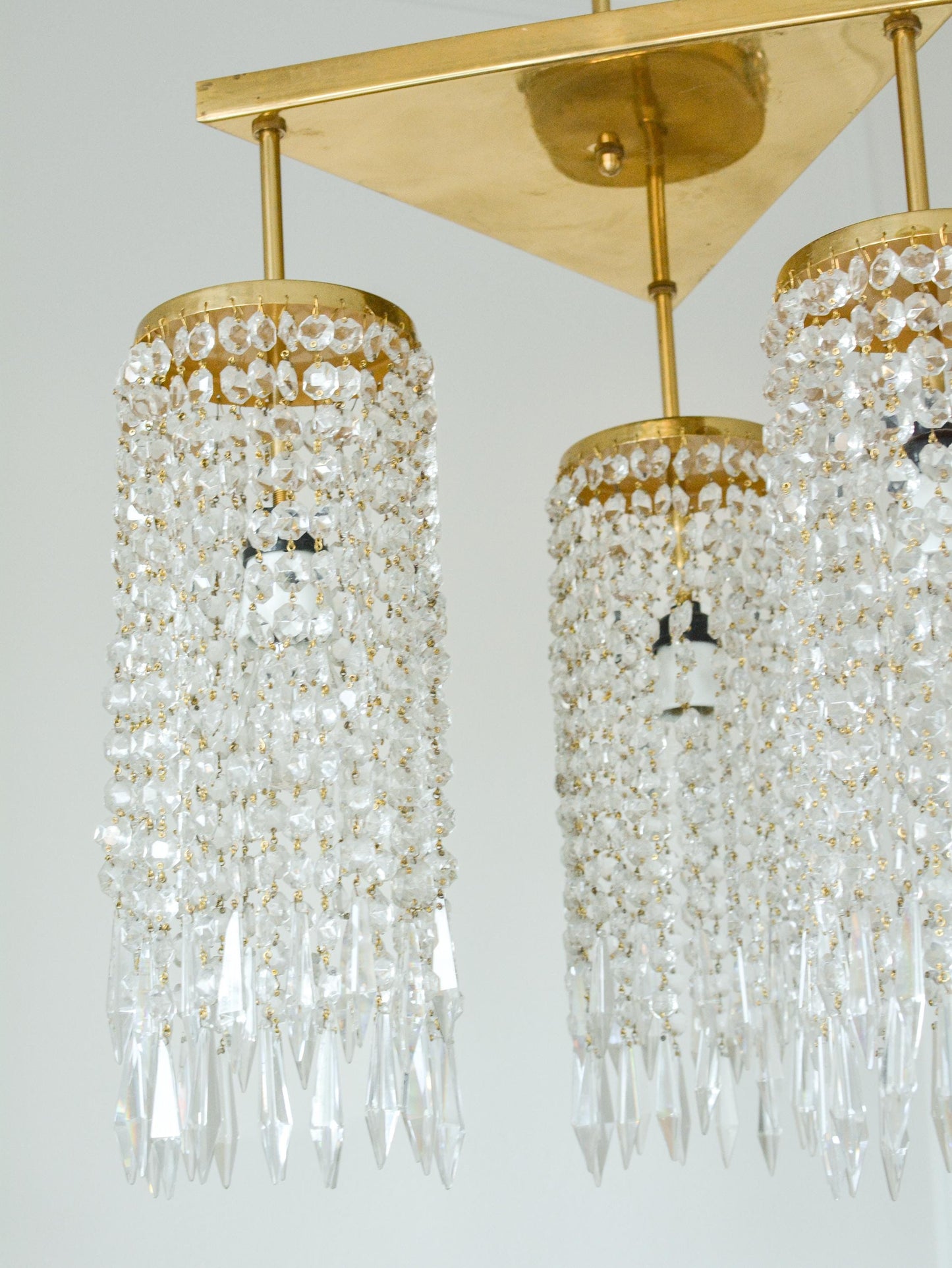 Vintage Jablonecke Sklarny Bohemian Glass Chandelier, Solid Brass, 3-Light, 1970s