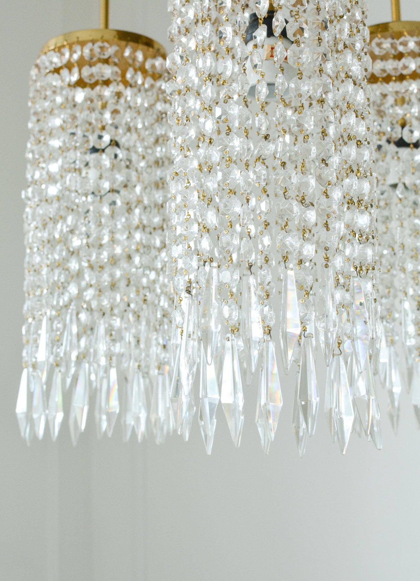 Vintage Jablonecke Sklarny Bohemian Glass Chandelier, Solid Brass, 3-Light, 1970s