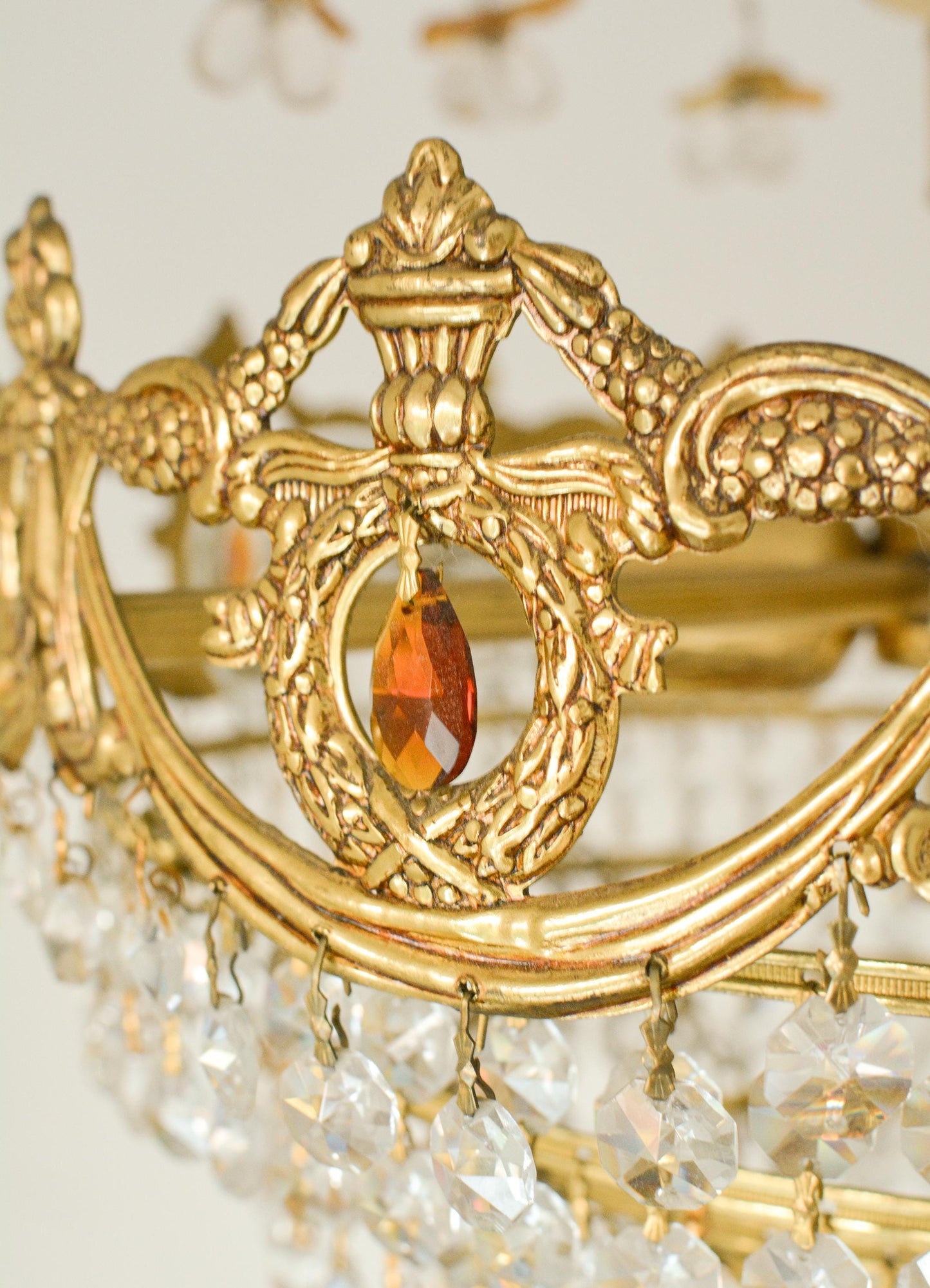 Vintage Spanish Crystal Fruit Chandelier, Orange Glass, Brass, 5-Light, 1970s