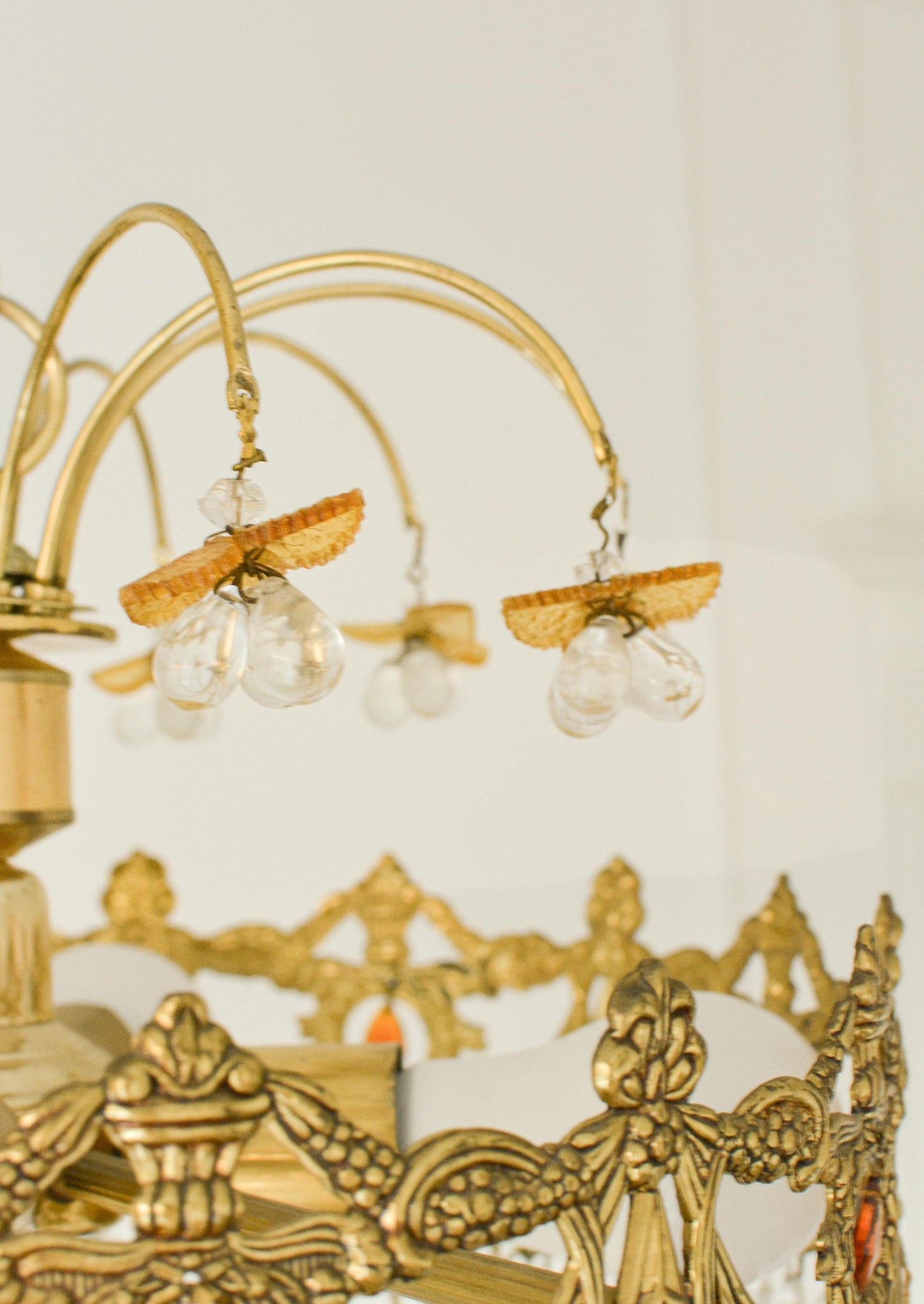 Vintage Spanish Crystal Fruit Chandelier, Orange Glass, Brass, 5-Light, 1970s