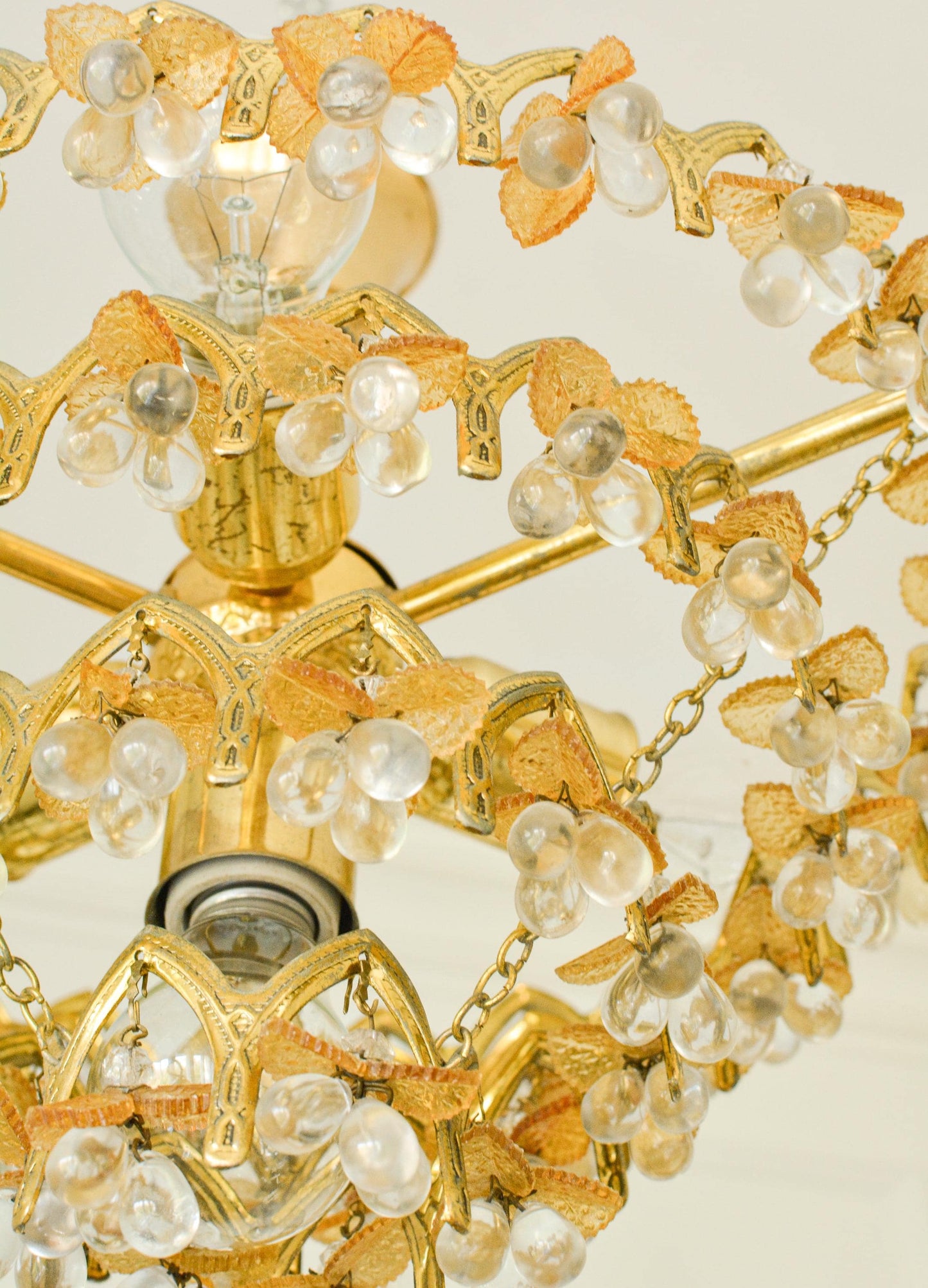 Vintage Murano Glass Fruit Chandelier, 58 Drops, Gilt Metal, 4-Light, 1970s