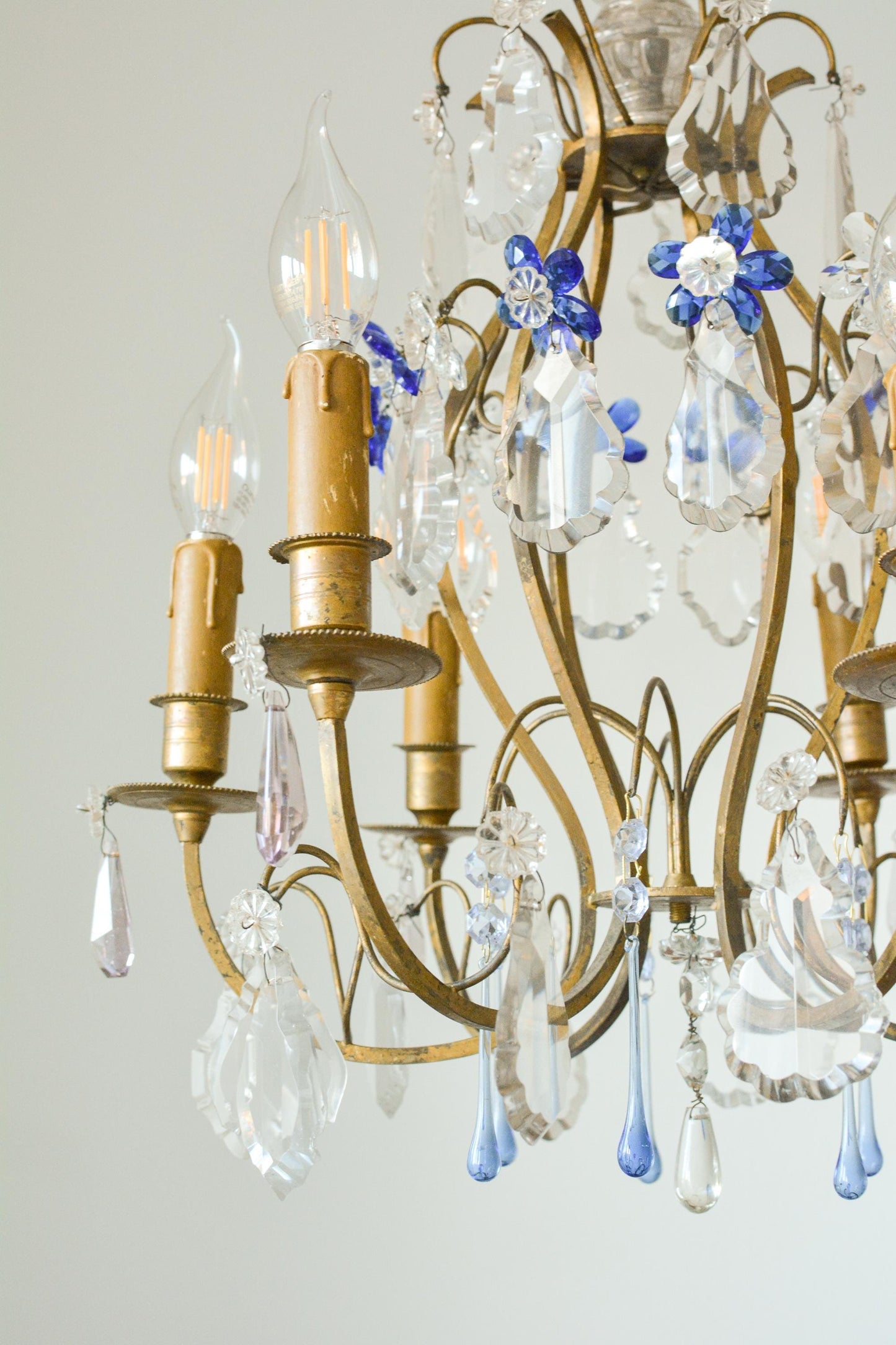 Vintage French Gilt Bronze Cage Chandelier, Blue Murano Glass, 6-Light, 1960s