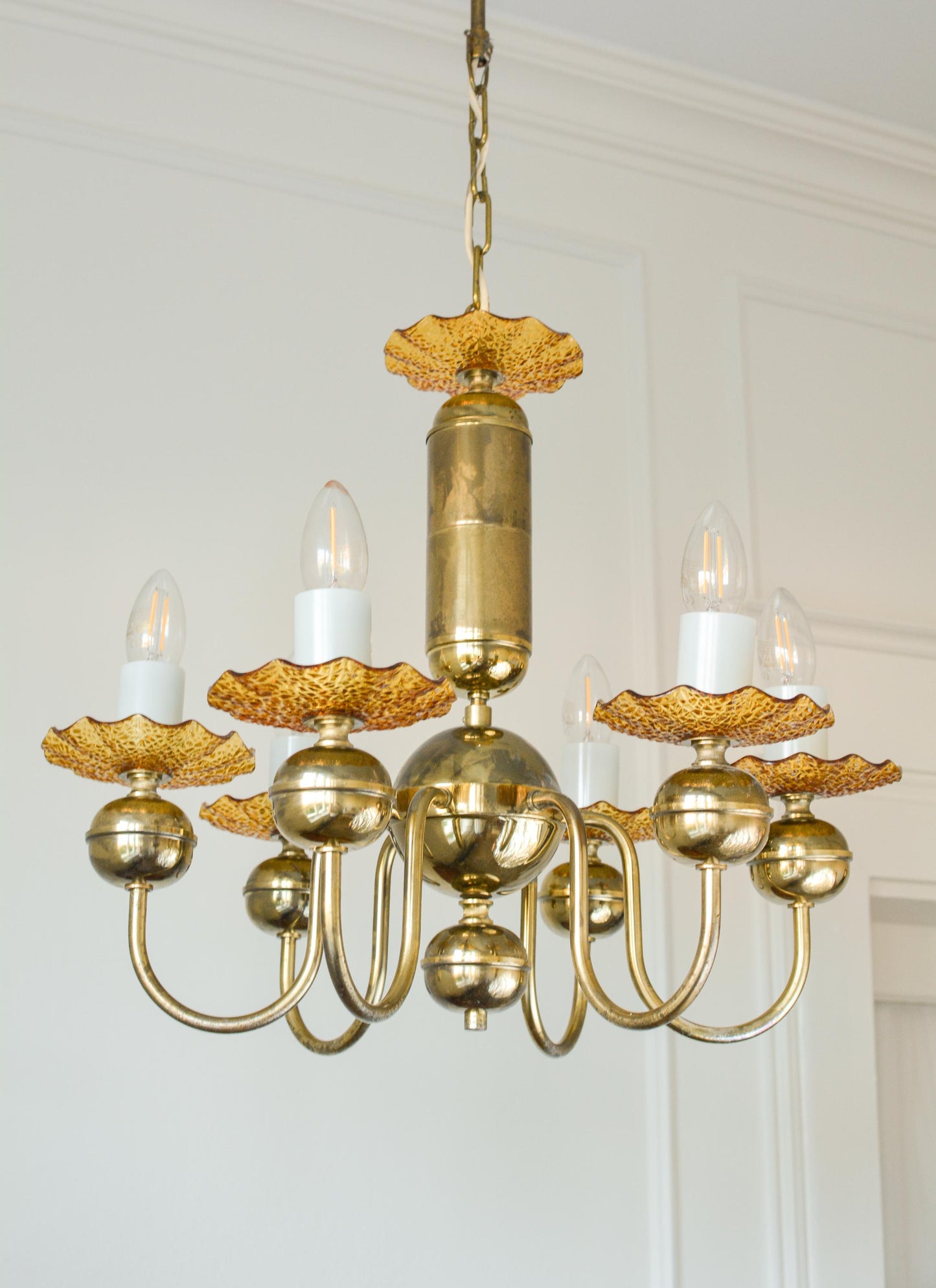 Vintage Bohemian Amber Glass Chandelier, Kamenický Šenov, 6-Light, 1970s