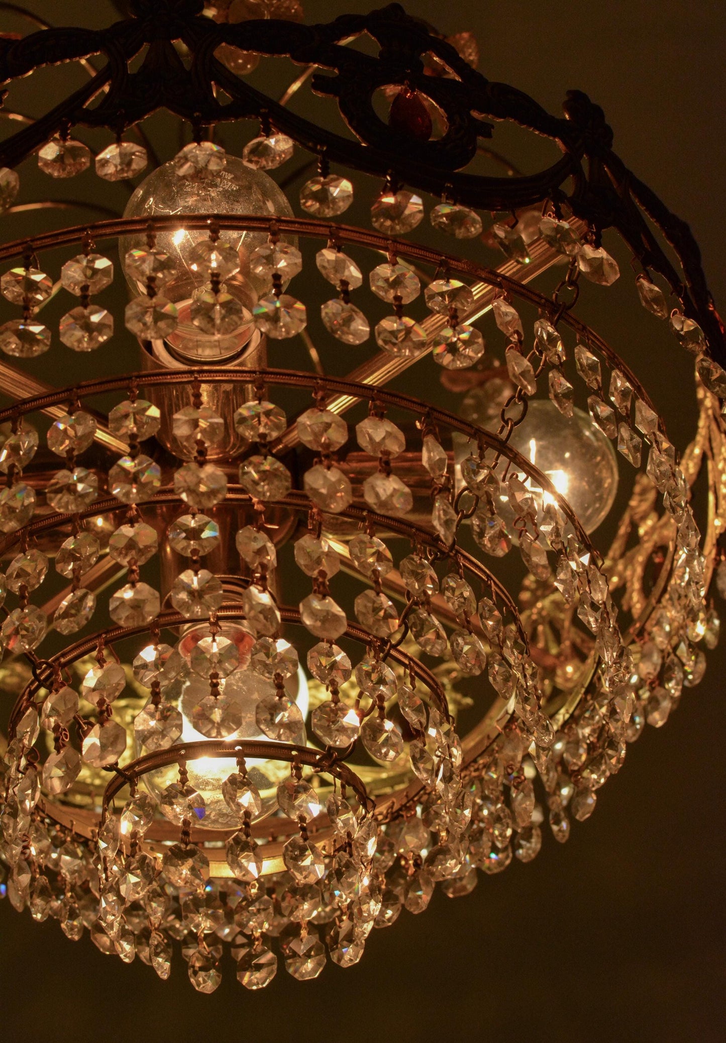 Vintage Spanish Crystal Fruit Chandelier, Orange Glass, Brass, 5-Light, 1970s