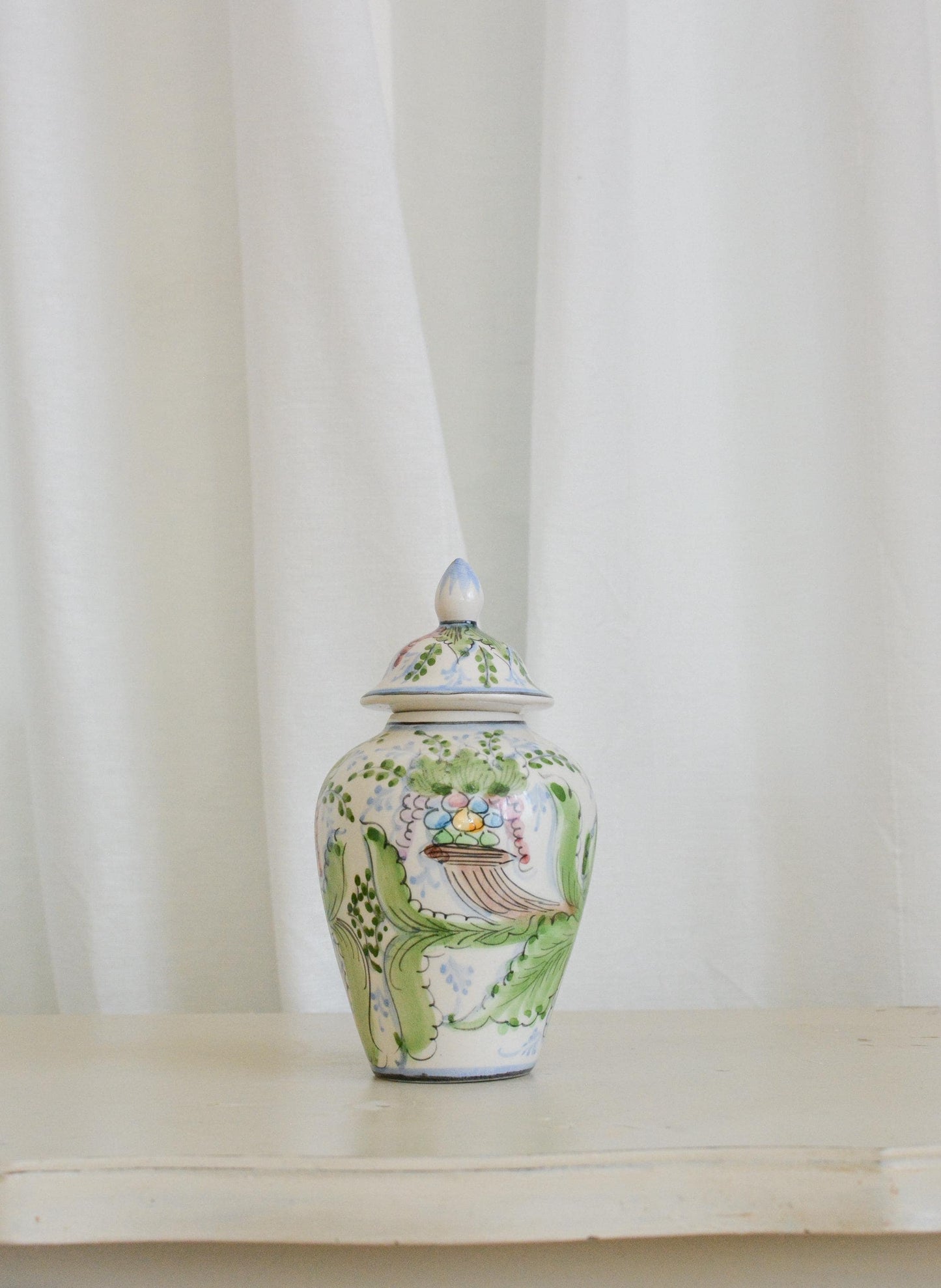 Vintage Alcobaça Floral Potiche Vase, Hand-Painted Portuguese Ceramic, 1970s