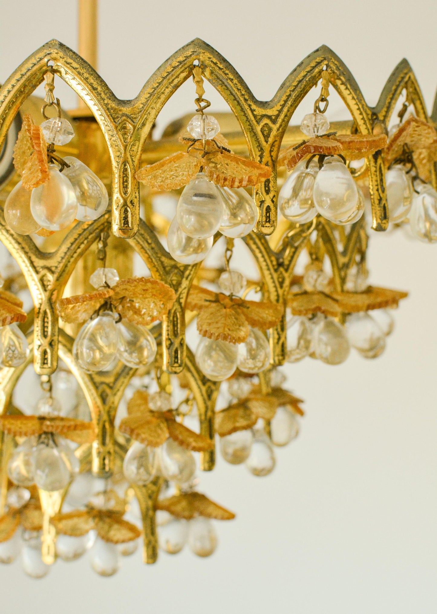 Vintage Murano Glass Fruit Chandelier, 58 Drops, Gilt Metal, 4-Light, 1970s