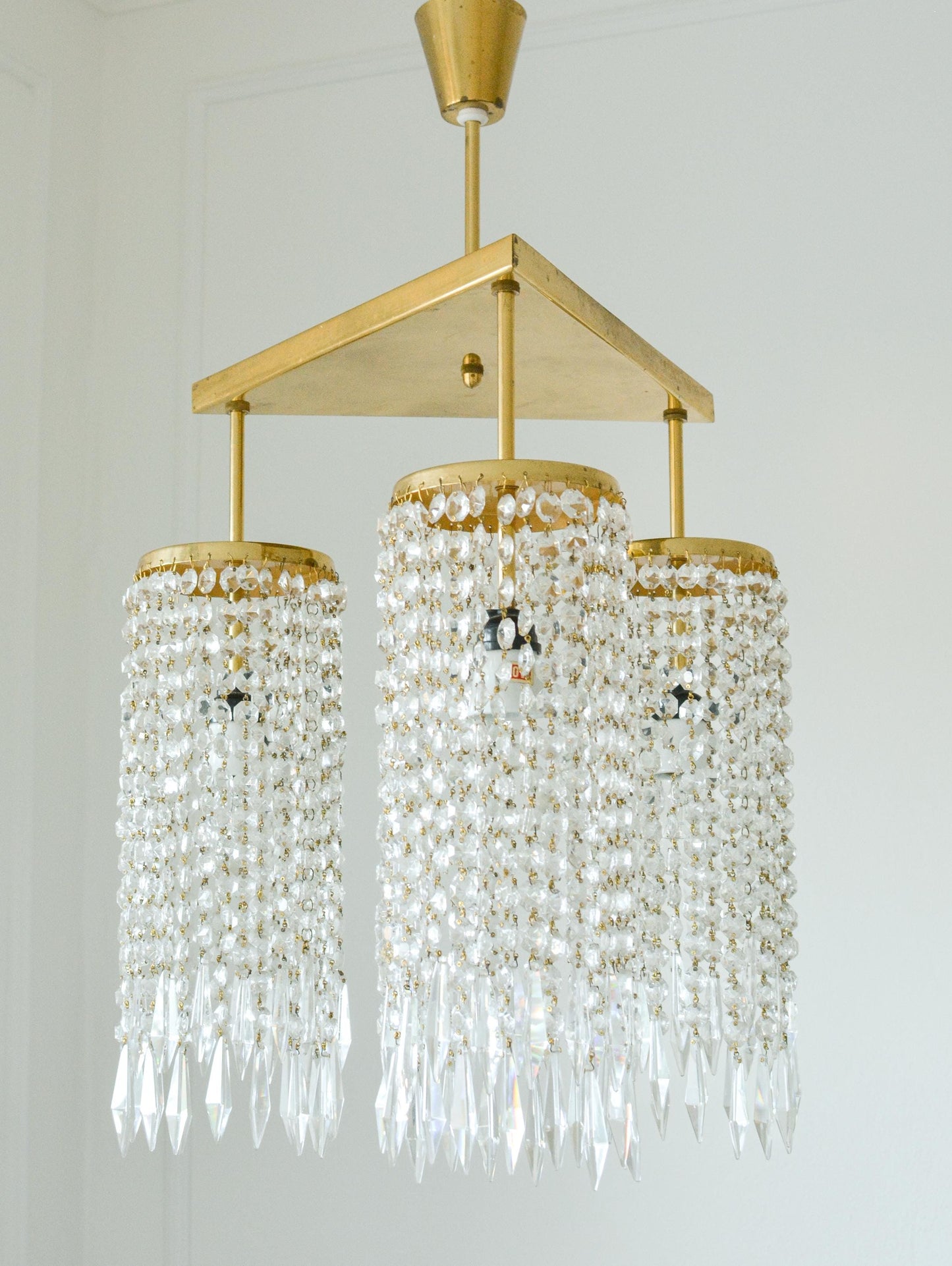 Vintage Jablonecke Sklarny Bohemian Glass Chandelier, Solid Brass, 3-Light, 1970s