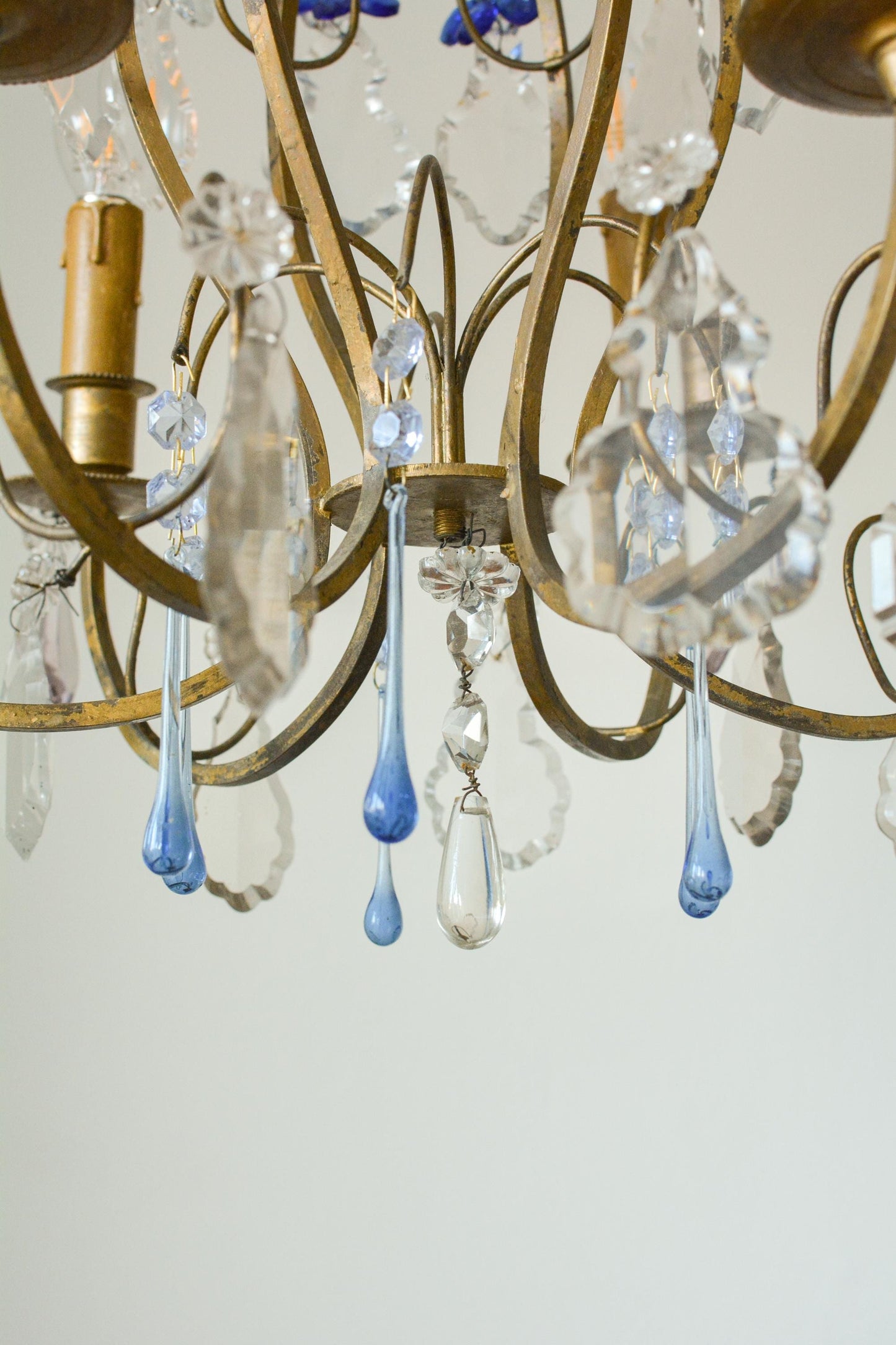Vintage French Gilt Bronze Cage Chandelier, Blue Murano Glass, 6-Light, 1960s
