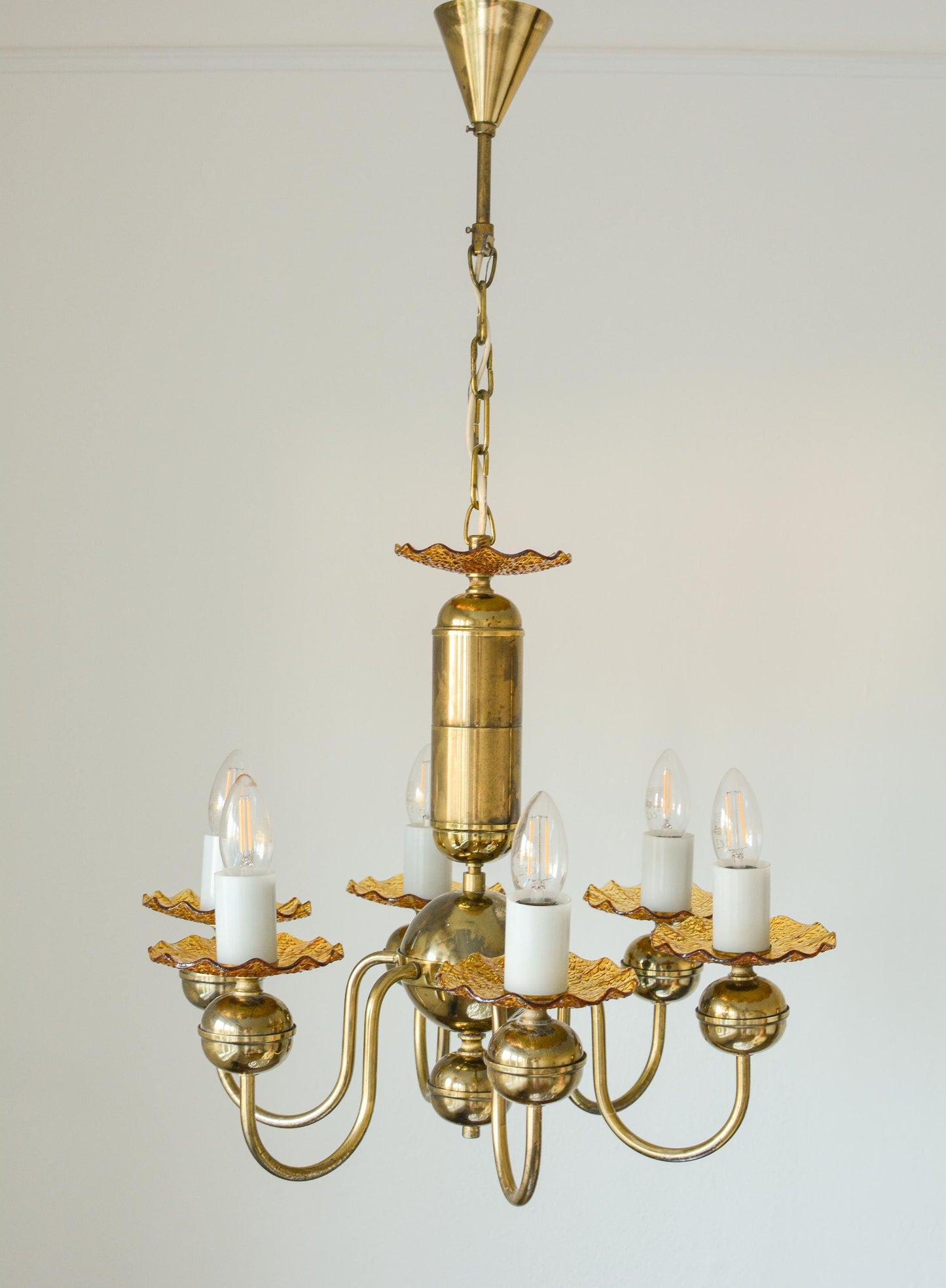 Vintage Bohemian Amber Glass Chandelier, Kamenický Šenov, 6-Light, 1970s