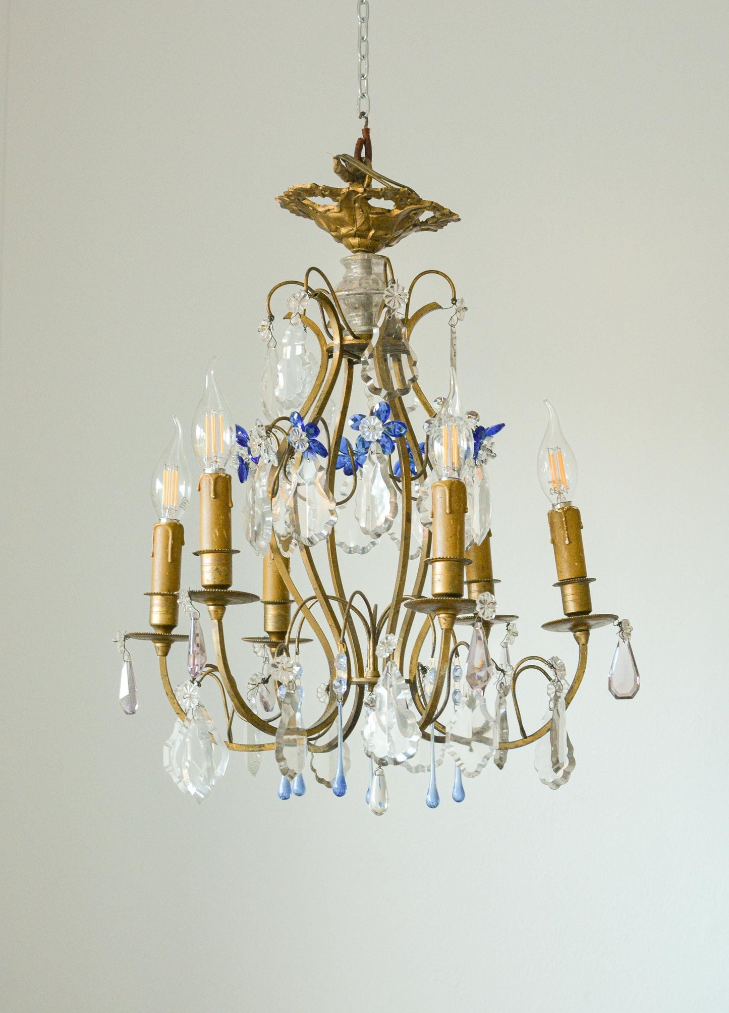 Vintage French Gilt Bronze Cage Chandelier, Blue Murano Glass, 6-Light, 1960s