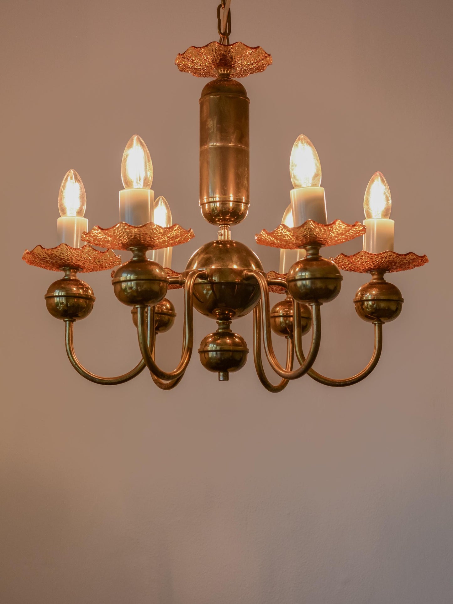 Vintage Bohemian Amber Glass Chandelier, Kamenický Šenov, 6-Light, 1970s