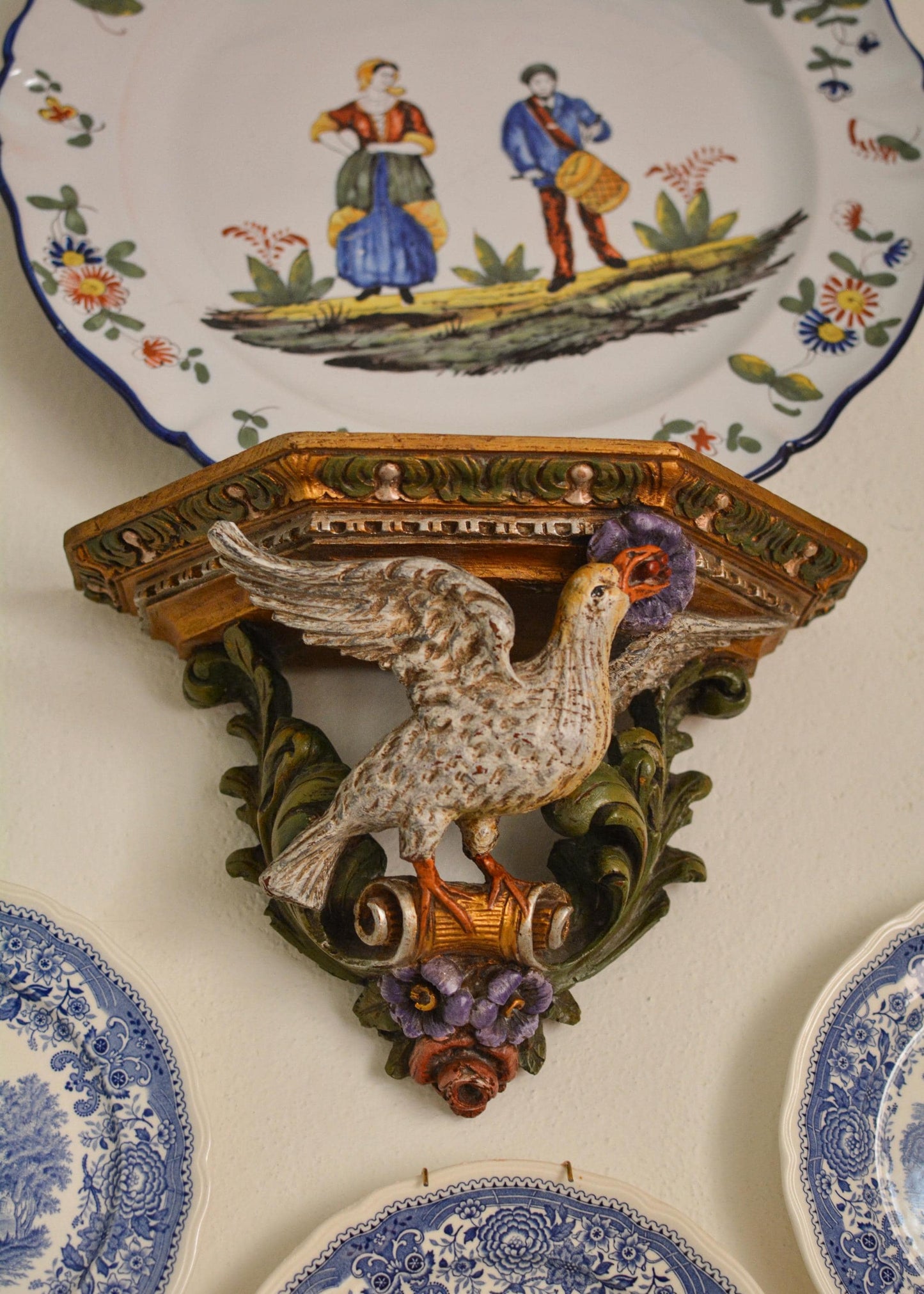 Antique Italian Carved Wood Wall Console, Dove Bracket Shelf, 19th Century