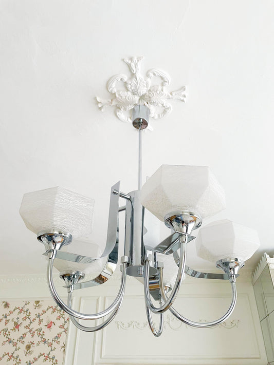 Gaetano Sciolari Chrome Chandelier: Mid-Century Modern, Murano Frosted Glass - 5 Lights