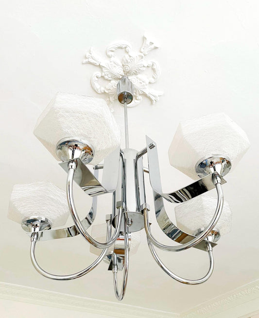 Gaetano Sciolari Chrome Chandelier: Mid-Century Modern, Murano Frosted Glass - 5 Lights