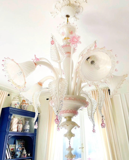 Authentic Vintage Murano Glass Chandelier – 5-Light Tulip Design Opaline | Rose | with 24K Gold Accents