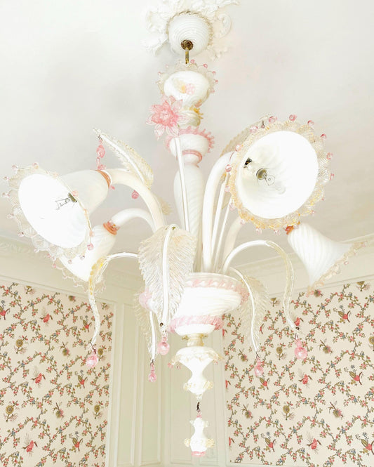 Authentic Vintage Murano Glass Chandelier – 5-Light Tulip Design Opaline | Rose | with 24K Gold Accents