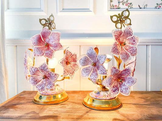 Elegant Vintage Pink Authentic Murano Glass Floral Table Lamps (1 pair) – Handblown Italian Art